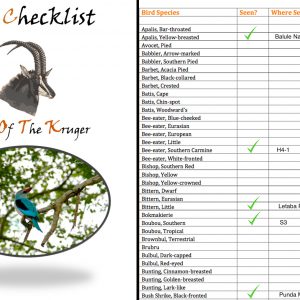 Kruger Park Bird Species Checklist PDF Download